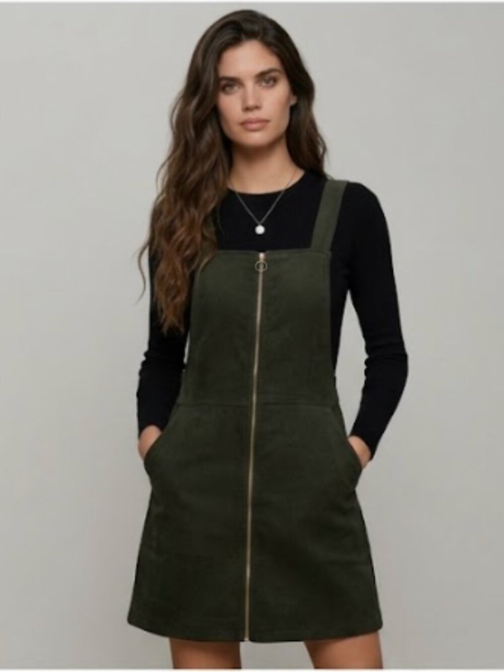 Zip Up Corduroy Overall Dress Green
